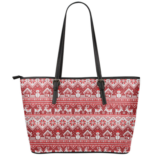 Merry Christmas Knitted Pattern Print Leather Tote Bag