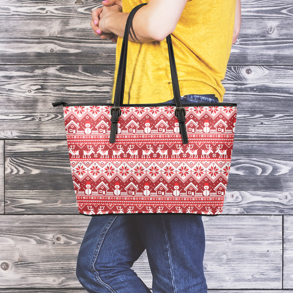 Merry Christmas Knitted Pattern Print Leather Tote Bag