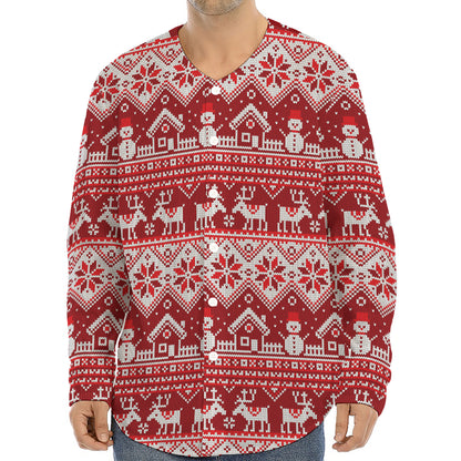 Merry Christmas Knitted Pattern Print Long Sleeve Baseball Jersey