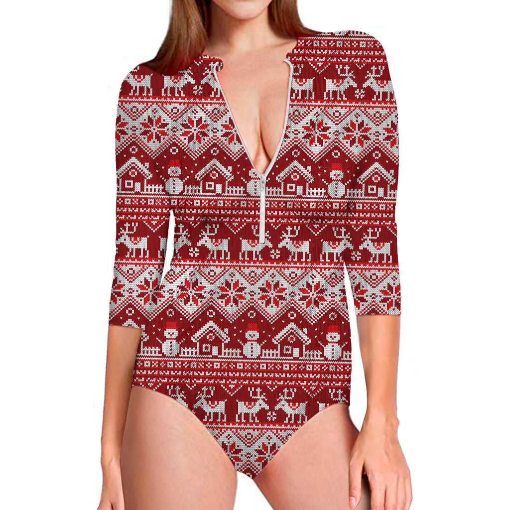 Merry Christmas Knitted Pattern Print Long Sleeve Swimsuit