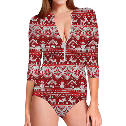 Merry Christmas Knitted Pattern Print Long Sleeve Swimsuit