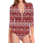 Merry Christmas Knitted Pattern Print Long Sleeve Swimsuit