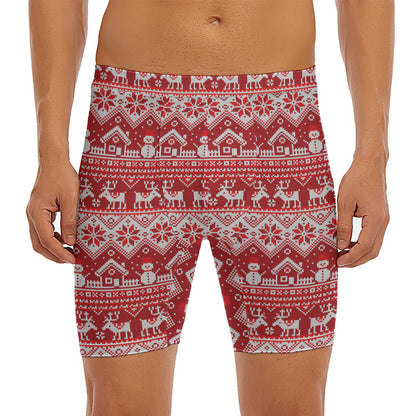 Merry Christmas Knitted Pattern Print Men's Long Boxer Briefs