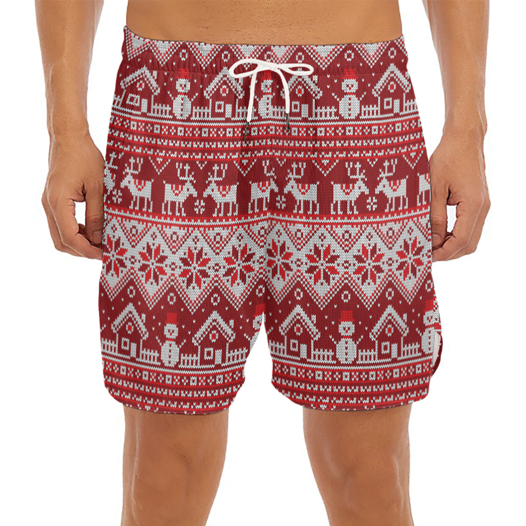 Merry Christmas Knitted Pattern Print Men's Split Running Shorts