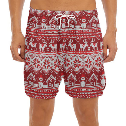 Merry Christmas Knitted Pattern Print Men's Split Running Shorts
