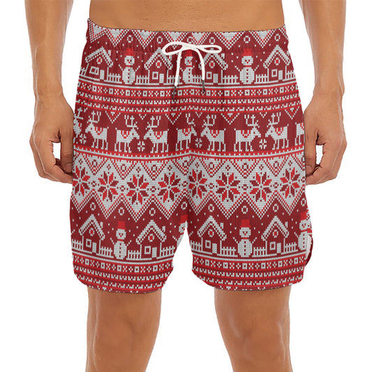 Merry Christmas Knitted Pattern Print Men's Split Running Shorts