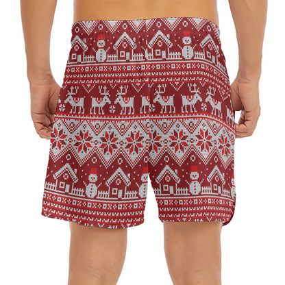 Merry Christmas Knitted Pattern Print Men's Split Running Shorts