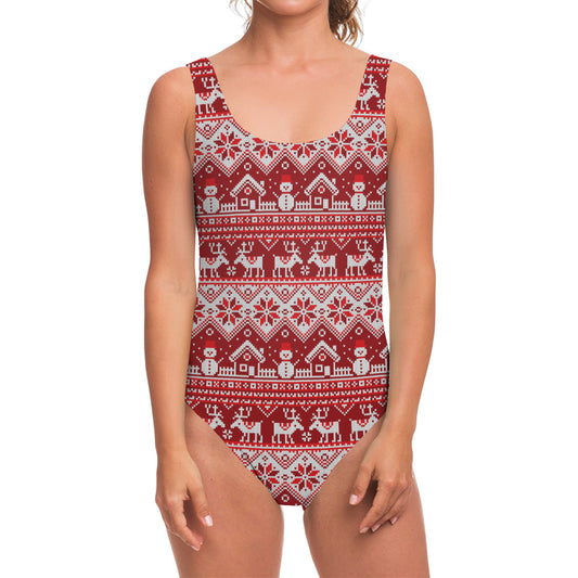 Merry Christmas Knitted Pattern Print One Piece Swimsuit