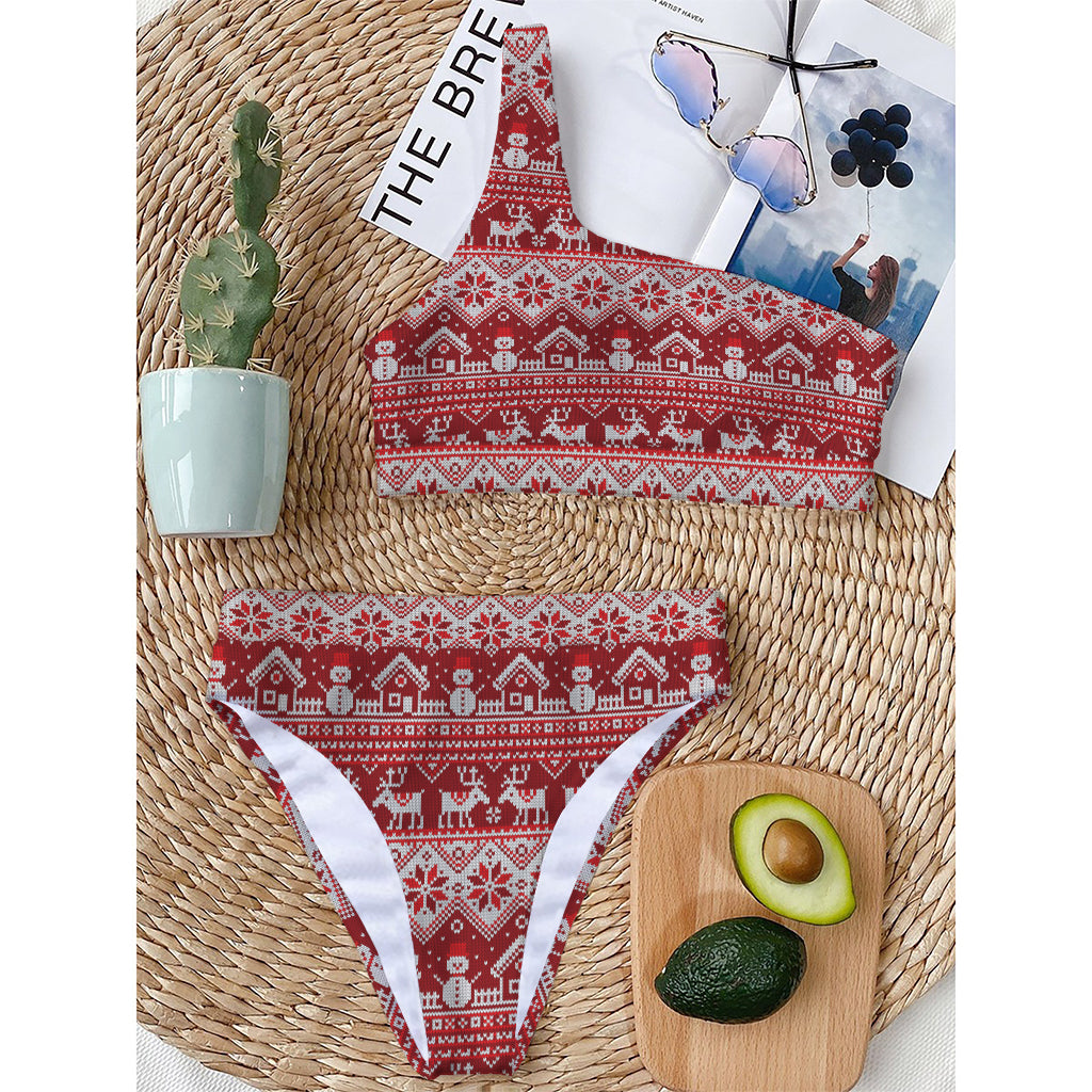 Merry Christmas Knitted Pattern Print One Shoulder Bikini Top