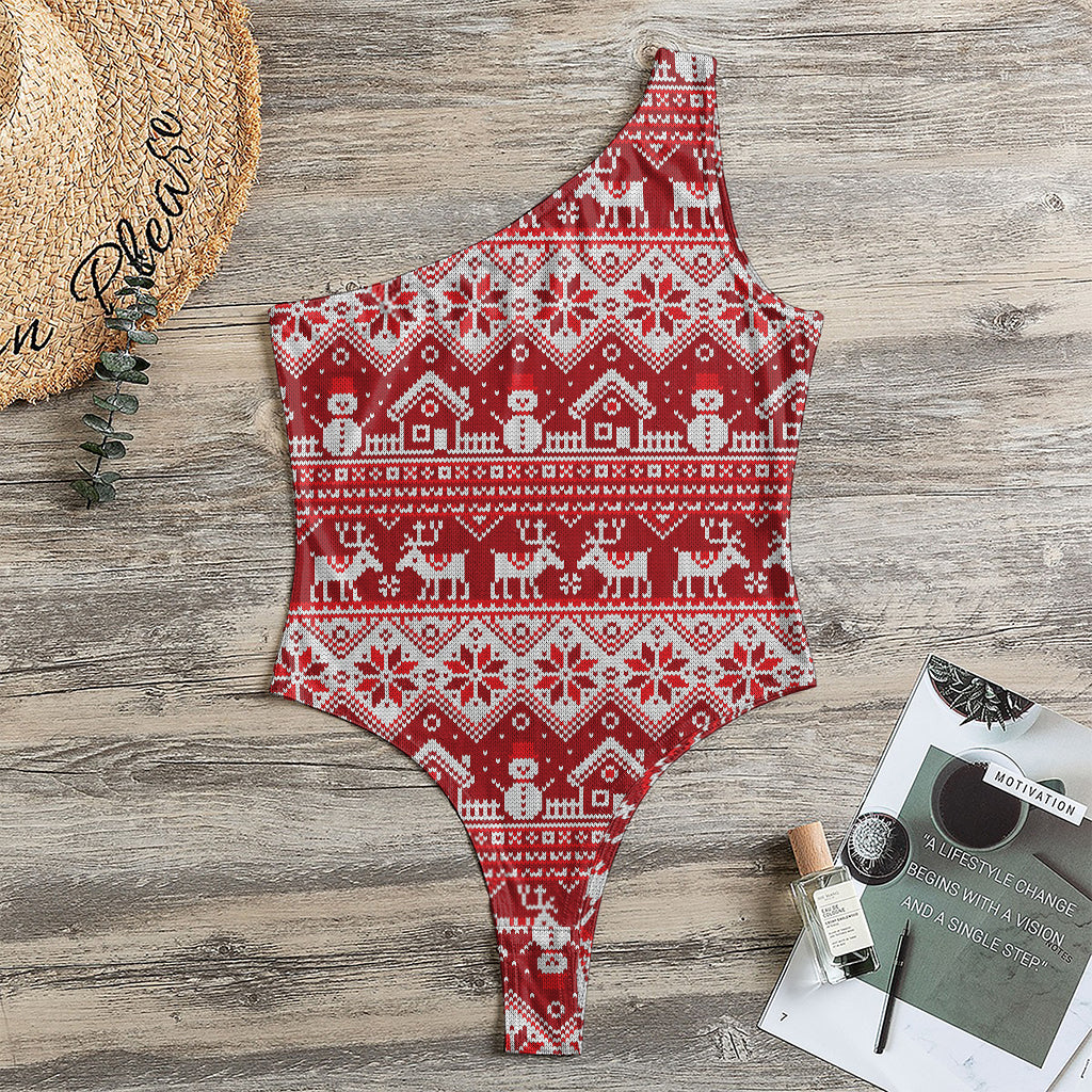 Merry Christmas Knitted Pattern Print One Shoulder Bodysuit