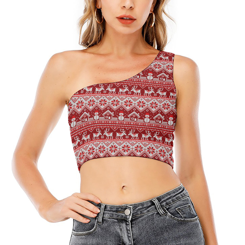Merry Christmas Knitted Pattern Print One Shoulder Crop Top