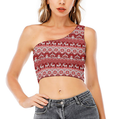 Merry Christmas Knitted Pattern Print One Shoulder Crop Top