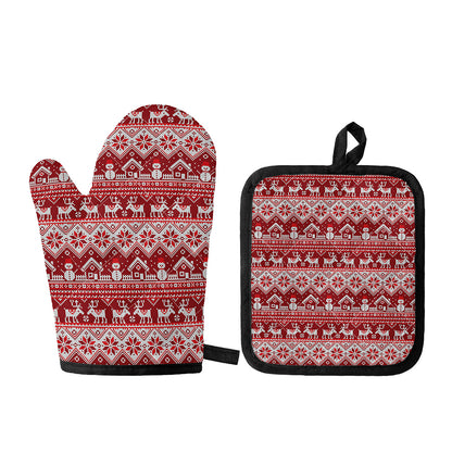 Merry Christmas Knitted Pattern Print Oven Mitt And Pot Holder Set