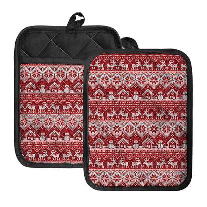 Merry Christmas Knitted Pattern Print Pot Holders With Pocket