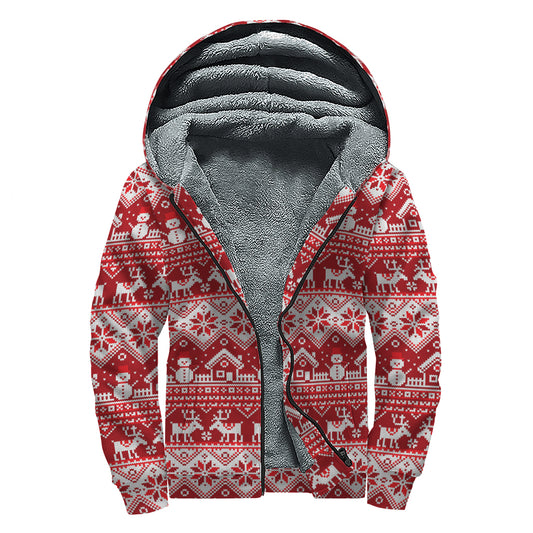 Merry Christmas Knitted Pattern Print Sherpa Lined Zip Up Hoodie