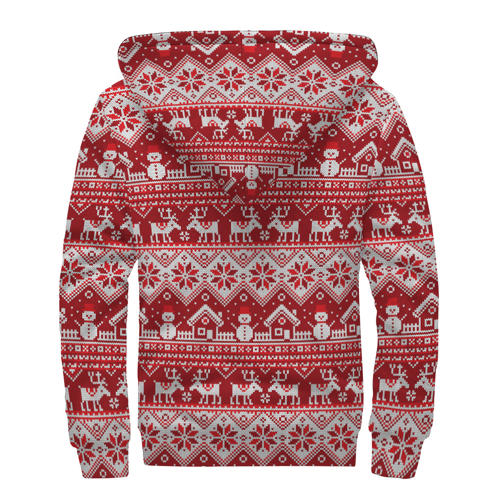 Merry Christmas Knitted Pattern Print Sherpa Lined Zip Up Hoodie