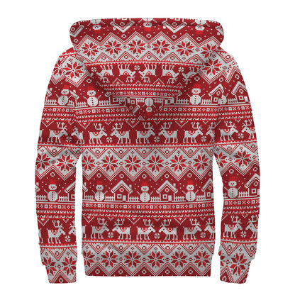Merry Christmas Knitted Pattern Print Sherpa Lined Zip Up Hoodie