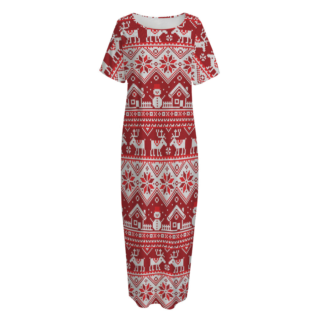 Merry Christmas Knitted Pattern Print Short Sleeve Long Nightdress