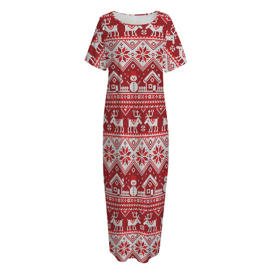 Merry Christmas Knitted Pattern Print Short Sleeve Long Nightdress
