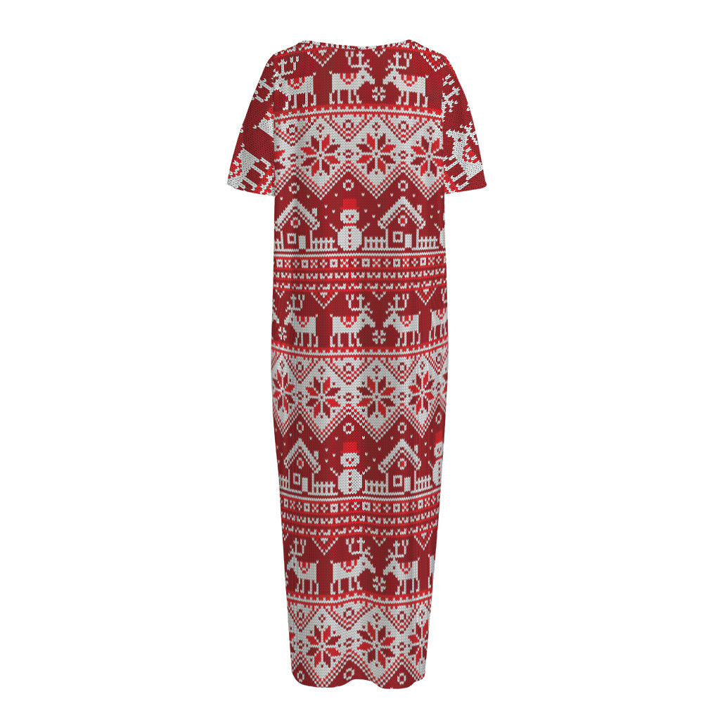 Merry Christmas Knitted Pattern Print Short Sleeve Long Nightdress