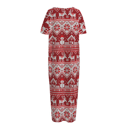 Merry Christmas Knitted Pattern Print Short Sleeve Long Nightdress