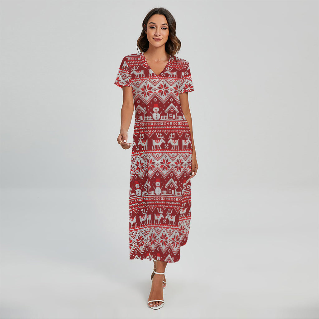 Merry Christmas Knitted Pattern Print Short Sleeve Maxi Dress