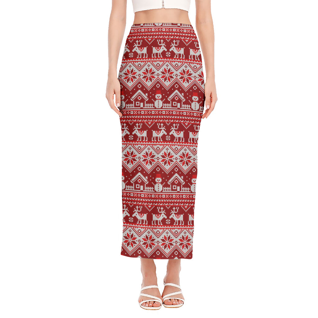 Merry Christmas Knitted Pattern Print Side Slit Maxi Skirt