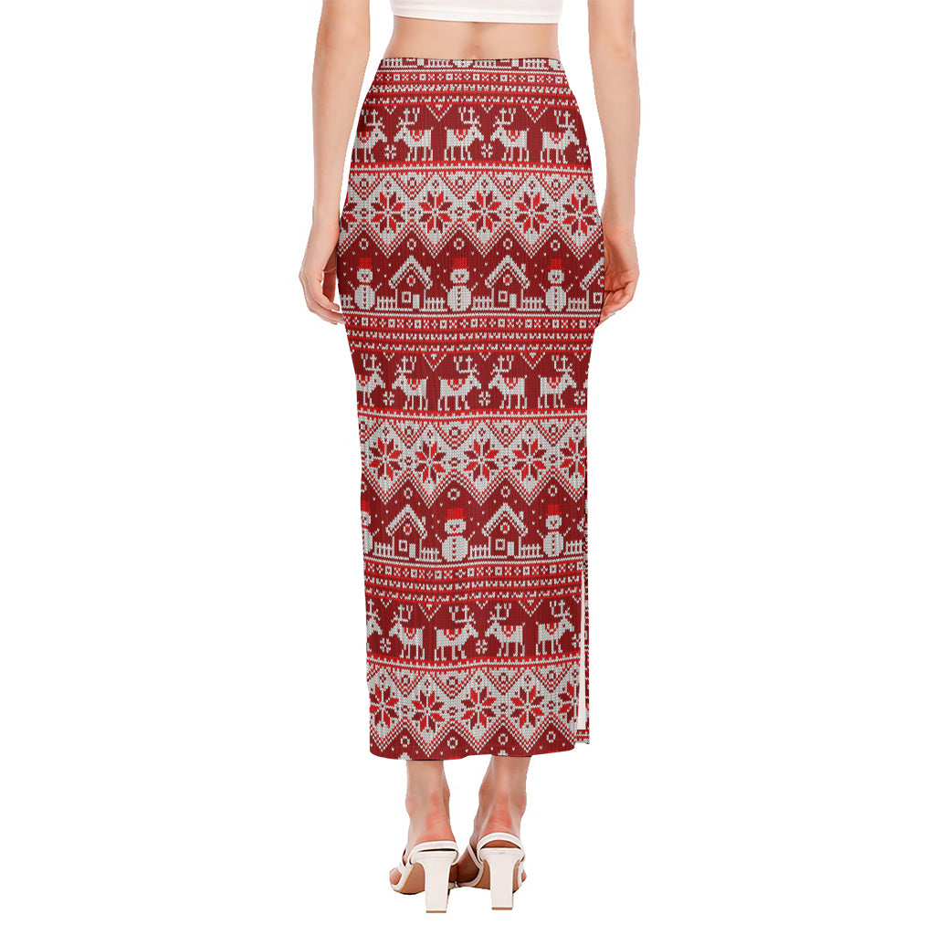 Merry Christmas Knitted Pattern Print Side Slit Maxi Skirt