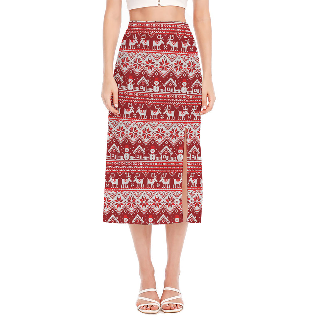 Merry Christmas Knitted Pattern Print Side Slit Midi Skirt