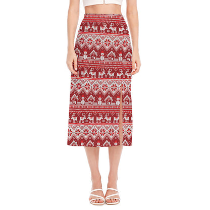 Merry Christmas Knitted Pattern Print Side Slit Midi Skirt
