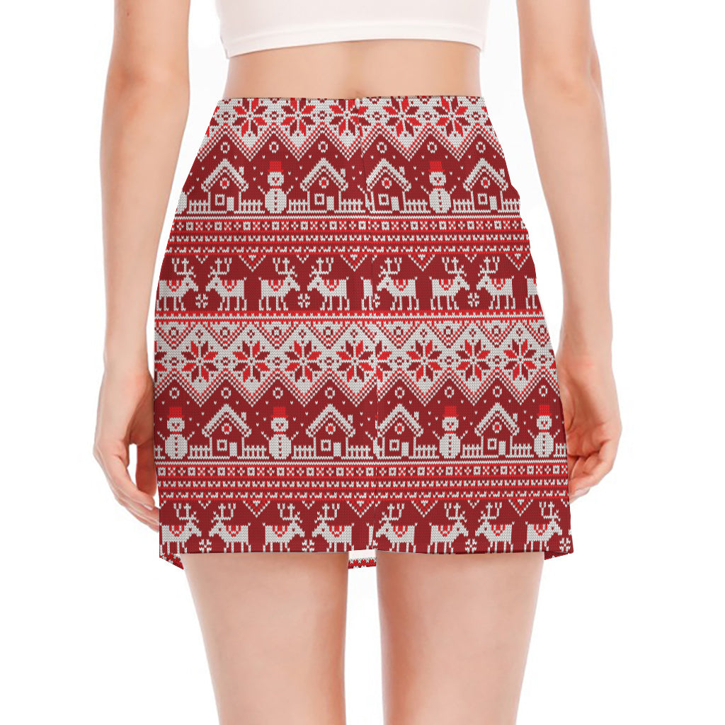 Merry Christmas Knitted Pattern Print Side Slit Mini Skirt