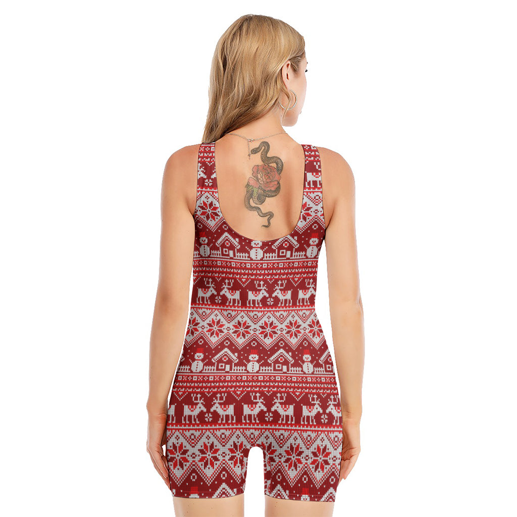 Merry Christmas Knitted Pattern Print Sleeveless One Piece Swimsuit