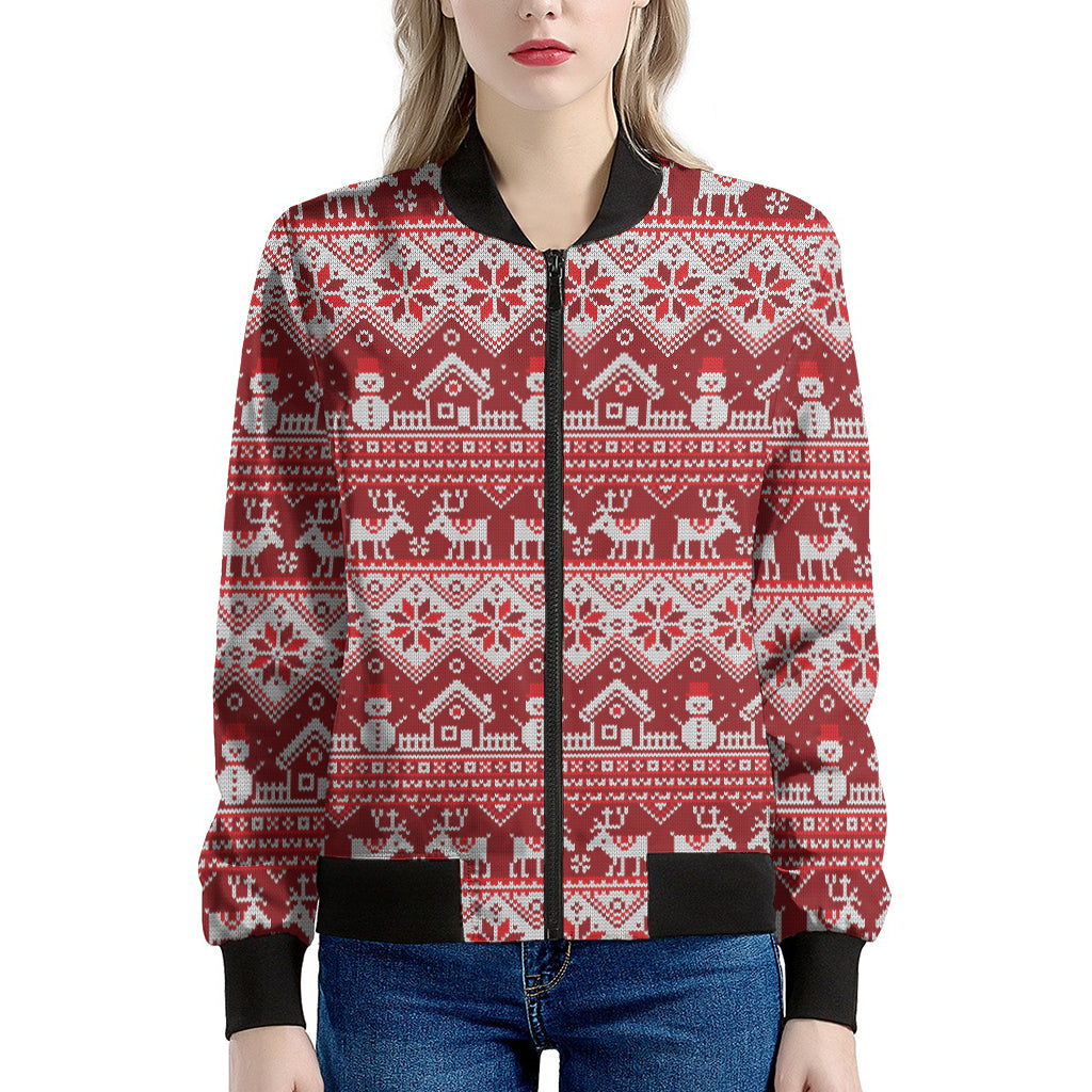 Merry Christmas Knitted Pattern Print Women's Bomber Jacket