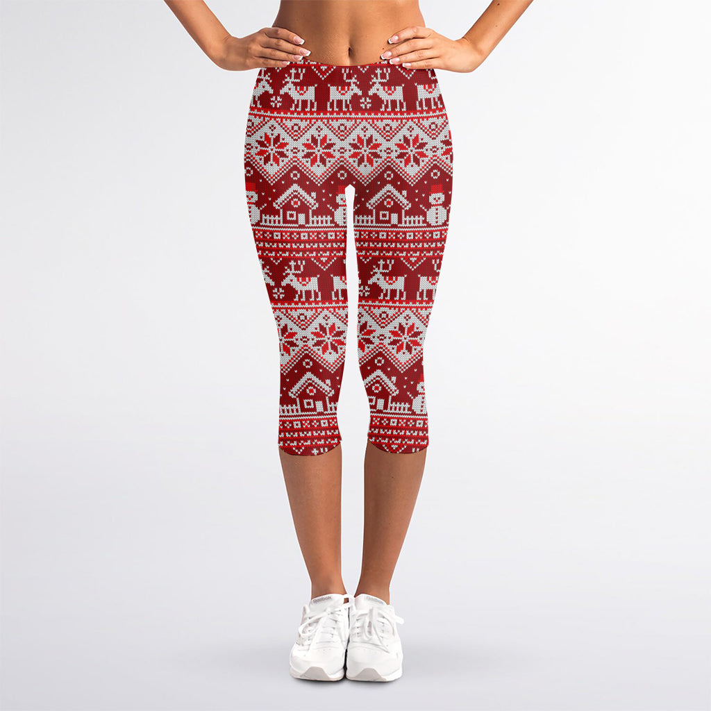 Merry Christmas Knitted Pattern Print Women's Capri Leggings