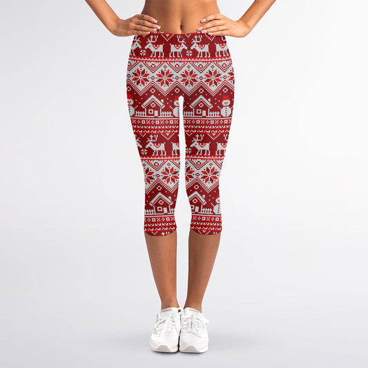 Merry Christmas Knitted Pattern Print Women's Capri Leggings