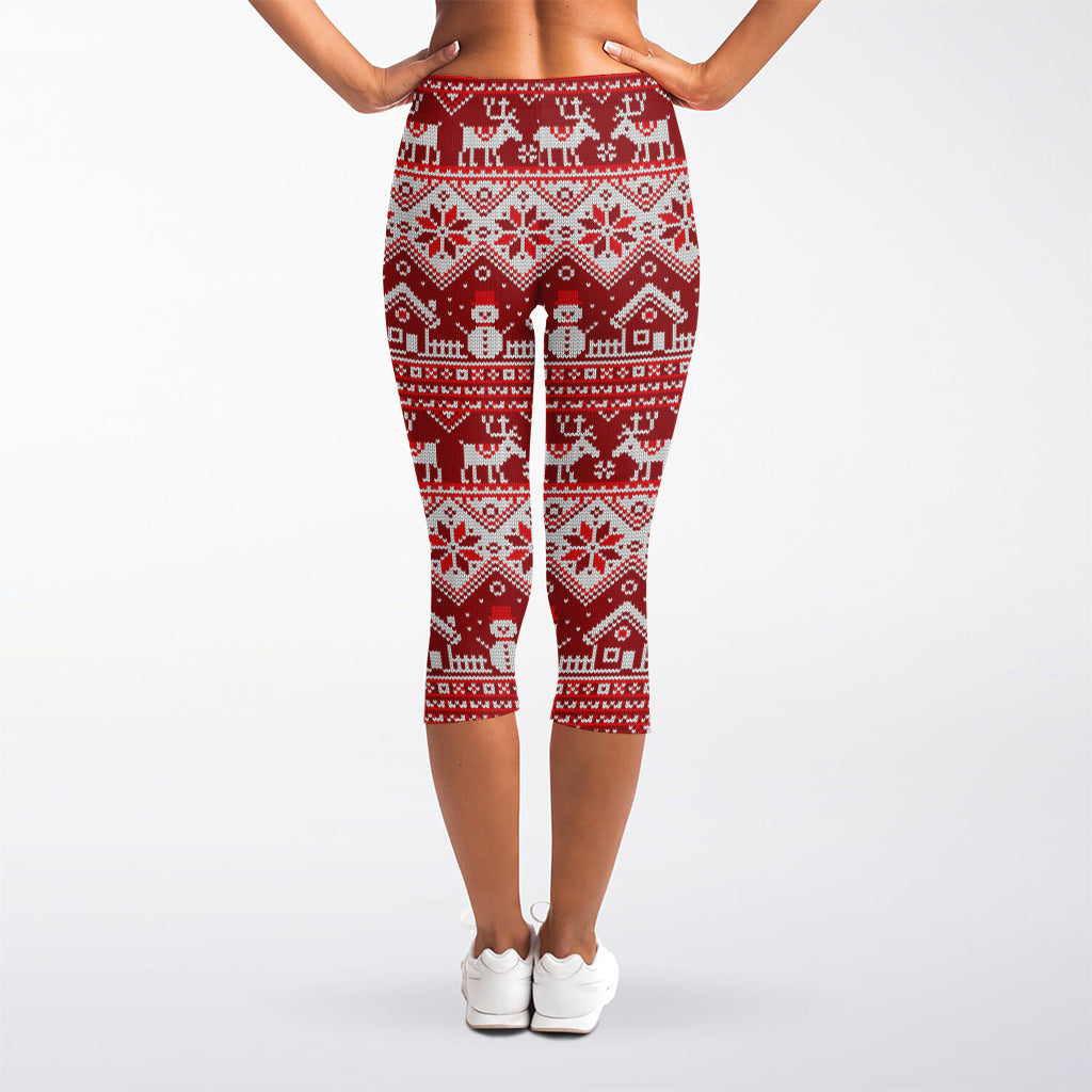 Merry Christmas Knitted Pattern Print Women's Capri Leggings