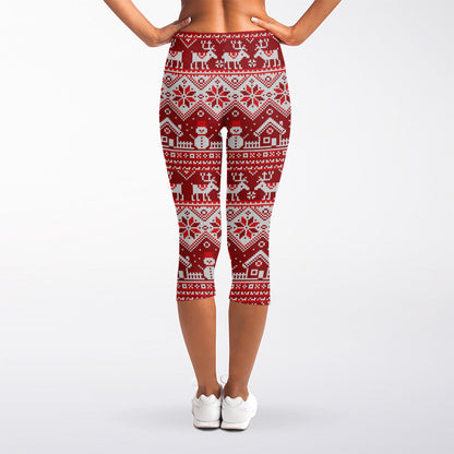Merry Christmas Knitted Pattern Print Women's Capri Leggings