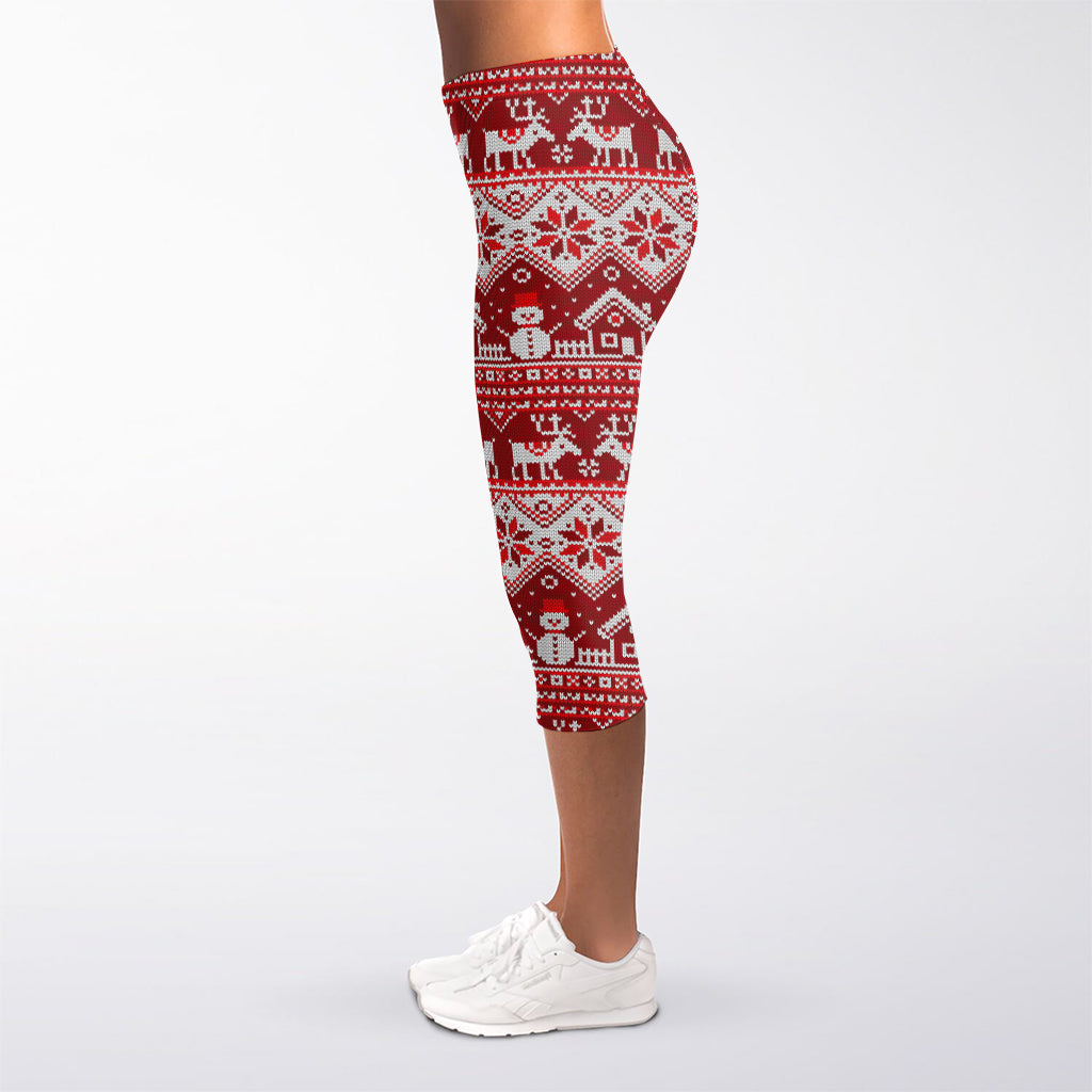 Merry Christmas Knitted Pattern Print Women's Capri Leggings