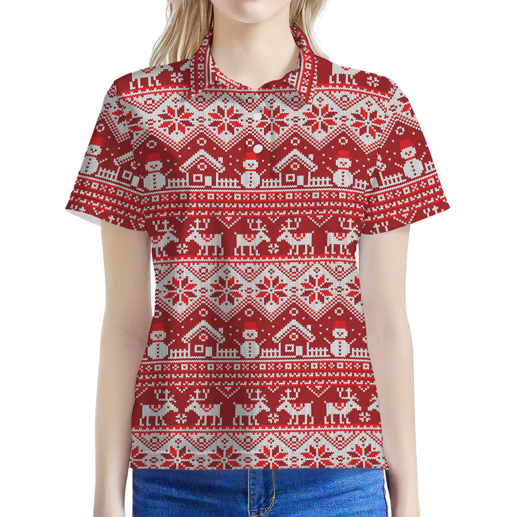Merry Christmas Knitted Pattern Print Women's Polo Shirt