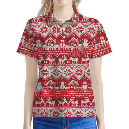 Merry Christmas Knitted Pattern Print Women's Polo Shirt