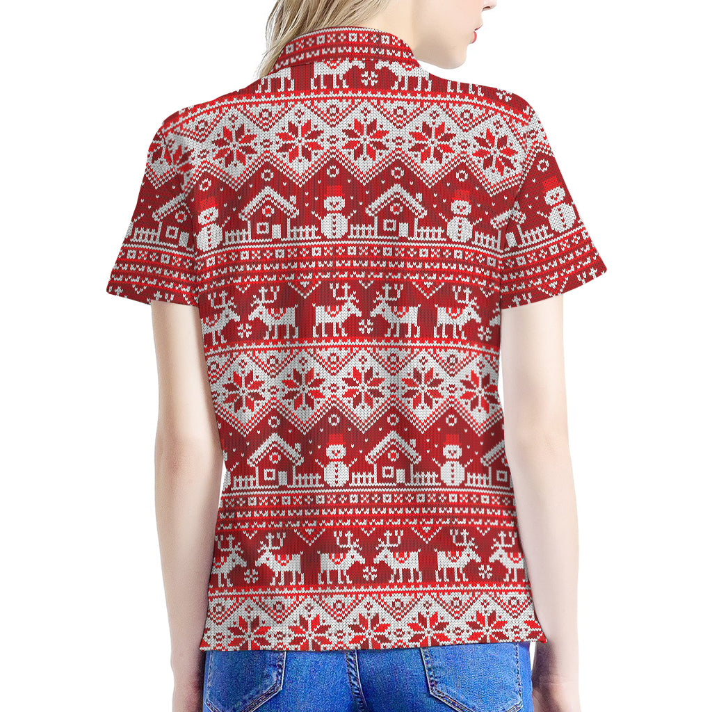 Merry Christmas Knitted Pattern Print Women's Polo Shirt