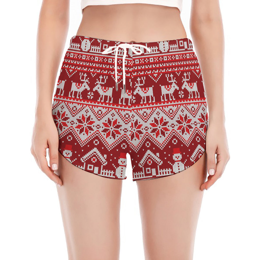 Merry Christmas Knitted Pattern Print Women's Split Running Shorts