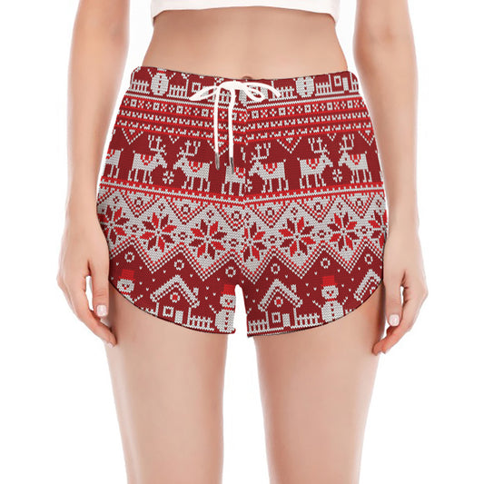 Merry Christmas Knitted Pattern Print Women's Split Running Shorts