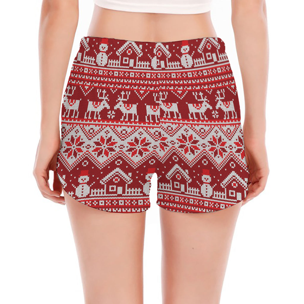 Merry Christmas Knitted Pattern Print Women's Split Running Shorts