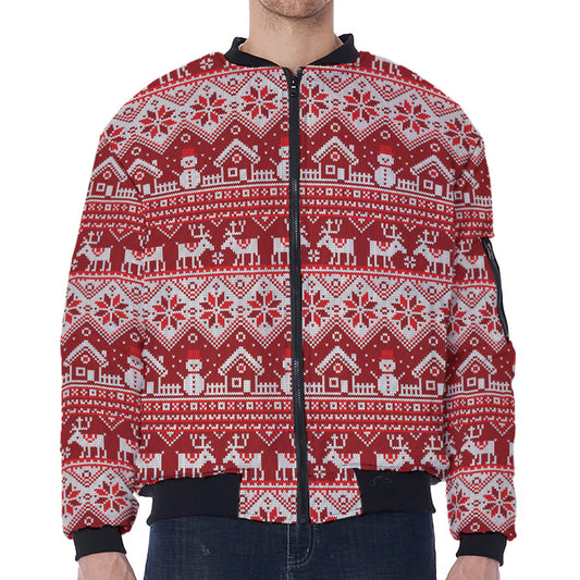 Merry Christmas Knitted Pattern Print Zip Sleeve Bomber Jacket