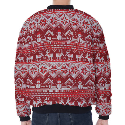 Merry Christmas Knitted Pattern Print Zip Sleeve Bomber Jacket