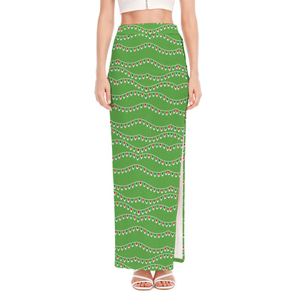 Merry Christmas Lights Pattern Print High Slit Maxi Skirt