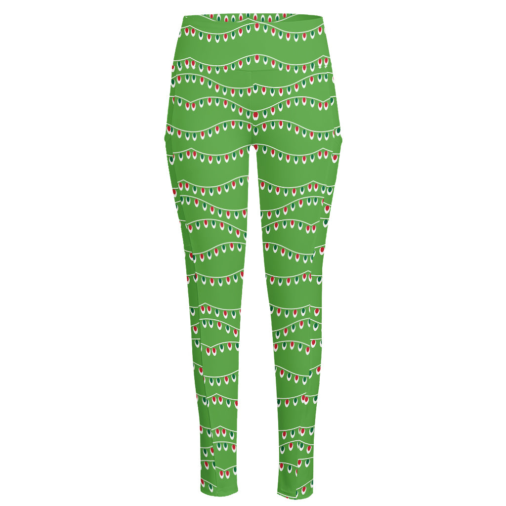 Merry Christmas Lights Pattern Print High-Waisted Pocket Leggings