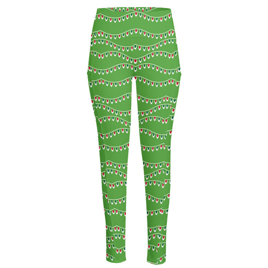 Merry Christmas Lights Pattern Print High-Waisted Pocket Leggings