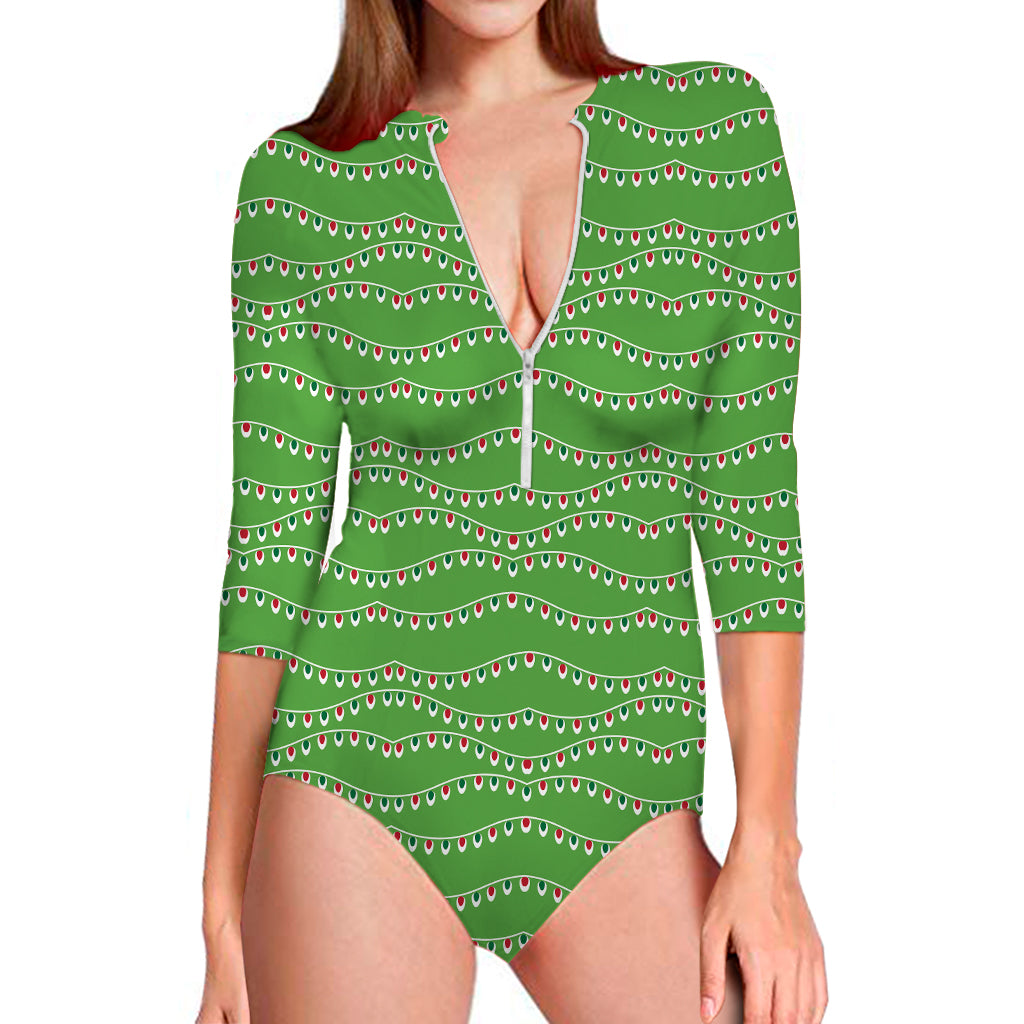 Merry Christmas Lights Pattern Print Long Sleeve Swimsuit